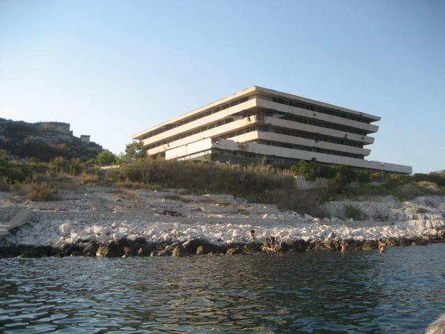 A shelled Croatian hotel resort on the Dalmatian coastline in Kupari near Dubrovnik, 1991