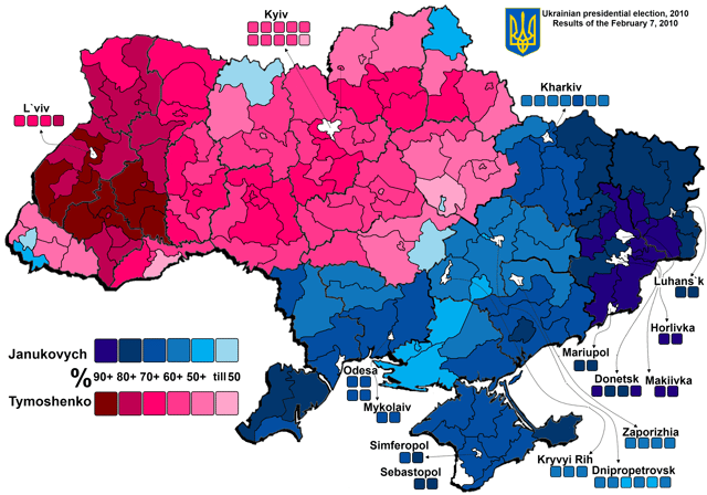 Map of Ukraine showing electoral support for the ousted president Yanukovich in the 2010 Ukrainian presidential election.