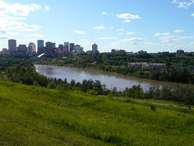 The North Saskatchewan River is a glacier-fed river that bisects the city.