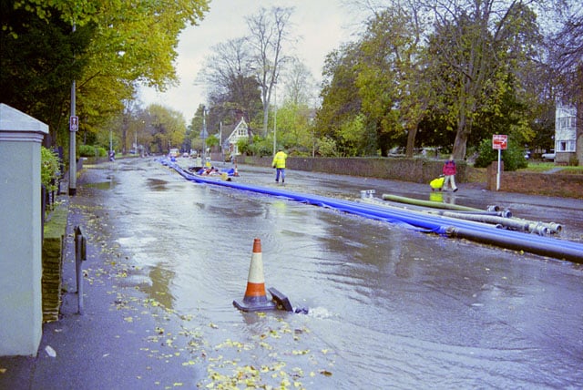 The underground Wellesbourne can rise to the surface during heavy rain, as in November 2000 when it flooded the London Road in Preston village.
