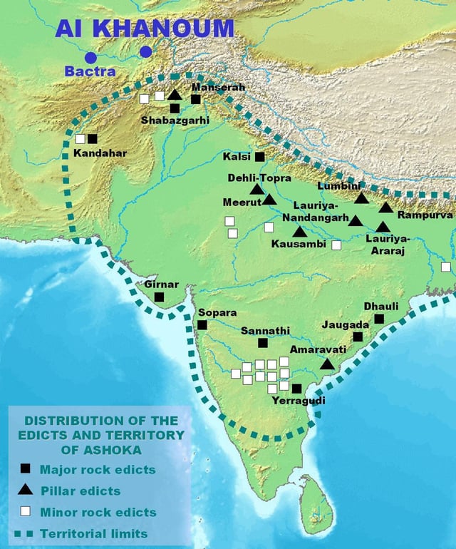 Distribution of the Edicts of Ashoka, and location of the contemporary Greek city of Ai-Khanoum.