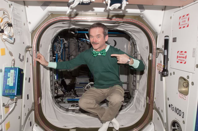 Astronaut Chris Hadfield wearing green in the International Space Station on St Patrick's Day, 2013
