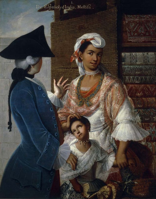 A painting showing a Spanish man with a Native American wife and their child. Mixed-race European Amerindians were referred to as Mestizos.