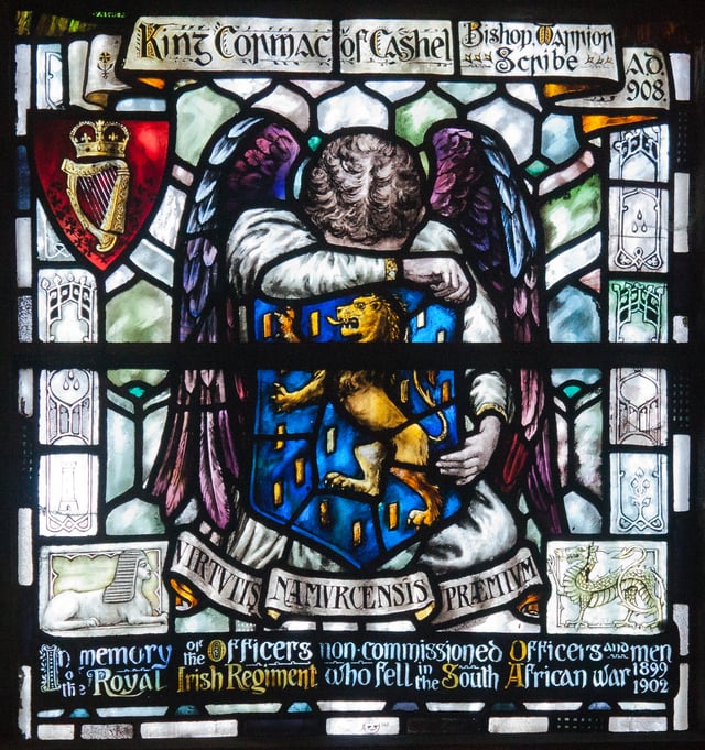 Memorial window from St Patrick's Cathedral, Dublin by An Túr Gloine. Much of the Irish public sympathised with the Boer side, rather than the British side on which fought the Royal Irish Regiment.