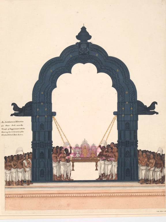 An 1822 drawing showing elevation of a black stone arch in Puri, Odisha. It carried Vaishnavite gods and goddess, the ritual noted to be a part of the Holi festival.