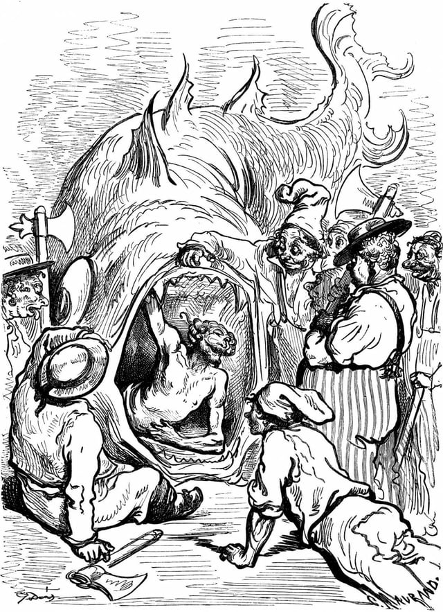Illustration by Gustave Doré of Baron Munchausen's tale of being swallowed by a whale. While the Biblical Book of Jonah refers to the Prophet Jonah being swallowed by "a big fish", in later derivations that "fish" was identified as a whale.
