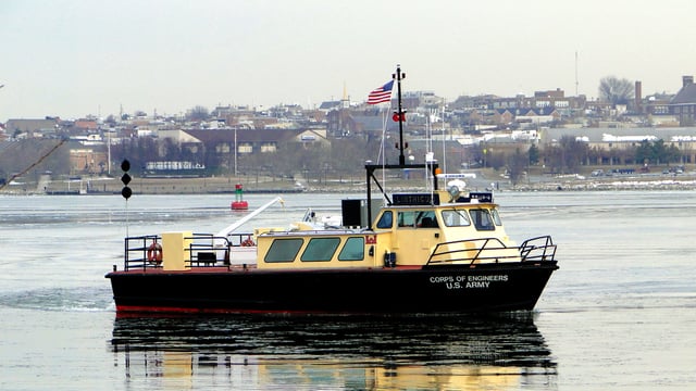 The survey vessel Linthicum in a channel near Fort McHenry