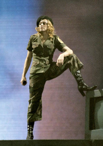 Madonna performing "American Life" during military segment of the Re-Invention World Tour, 2004
