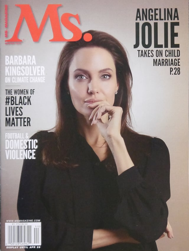 Jolie on the cover of Ms., in 2015, in which she discusses child marriage
