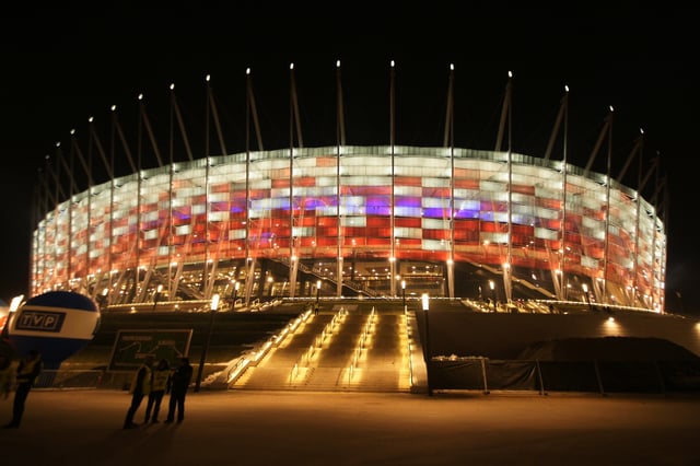 Night illumination of the stadium façade after opening match between Poland and Portugal on 29 February 2012
