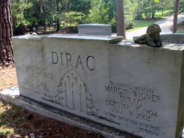 Dirac's grave in Roselawn Cemetery, Tallahassee, Florida. Also buried is his wife Manci (Margit Wigner). Their daughter Mary Elizabeth Dirac, who died 20 January 2007, is buried next to them but not shown in the photograph.