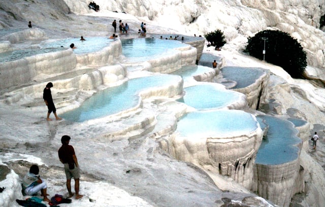 Travertine limestone terraces of Pamukkale, Turkey.