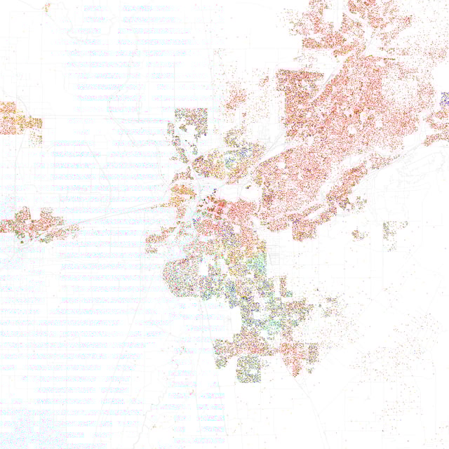 Map of racial distribution in Sacramento, 2010 U.S. Census. Each dot is 25 people: White, Black, Asian, Hispanic or Other (yellow)