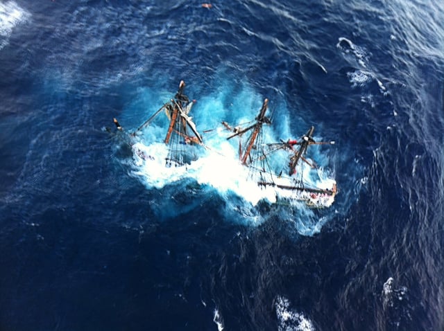The 180-foot (55 m) sailing ship, Bounty, is shown nearly submerged during Hurricane Sandy in the Atlantic Ocean approximately 90 miles (140 km) southeast of Hatteras, North Carolina on Monday, October 29, 2012.