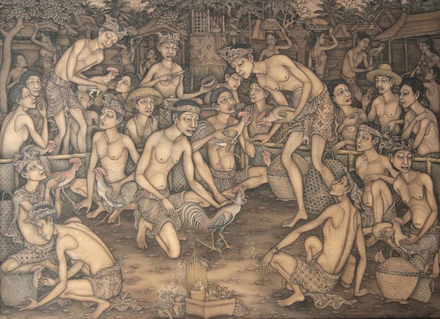 Traditional Balinese painting depicting cockfighting