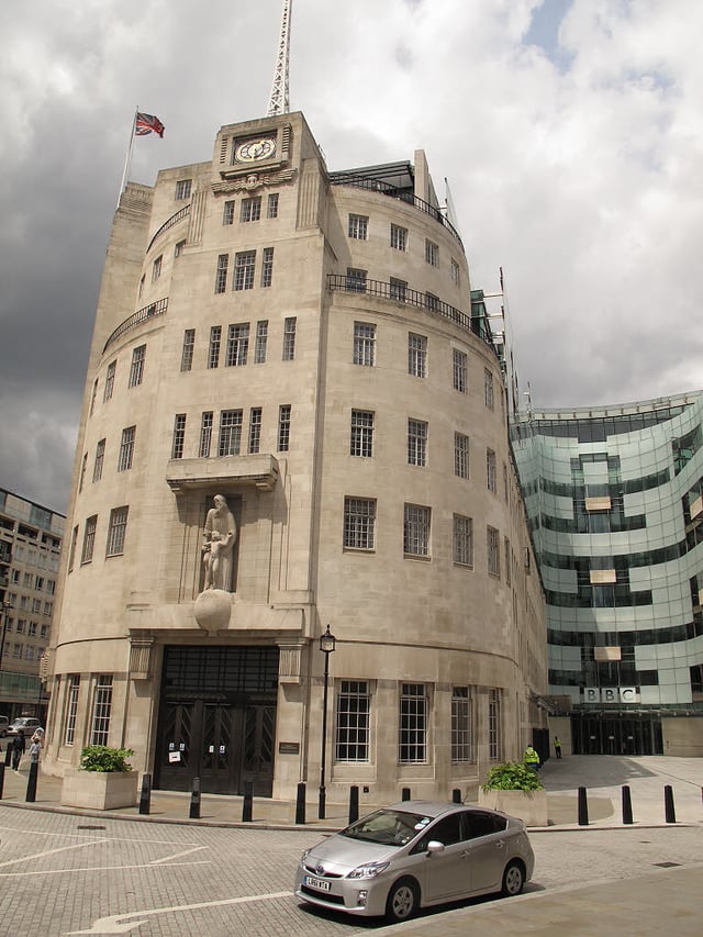 The headquarters of the BBC at Broadcasting House in Portland Place, London, England. This section of the building is called Old Broadcasting House.