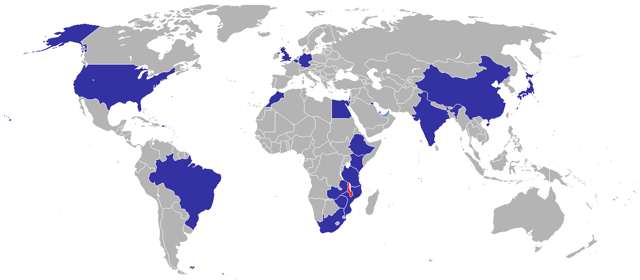 Locations of Malawian diplomatic embassies or high commissions as of 2012