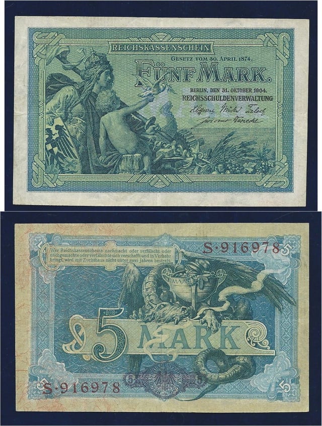 German 5-mark 1904 Art Nouveau banknote, designed by Alexander Zick