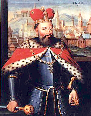 A 17th century portrait depicting Knyaz Lev of Galicia-Volhynia with the city of Lviv in the background