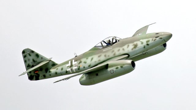 A modern reproduction of the Messerschmitt Me 262 in flight in 2006. The first two operational turbojet aircraft, the Me 262 and then the Gloster Meteor entered service in 1944.