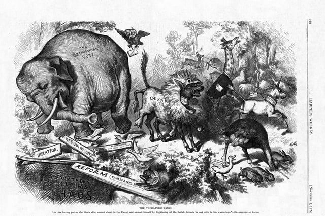 1874 Nast cartoon featuring the first notable appearance of the Republican elephant