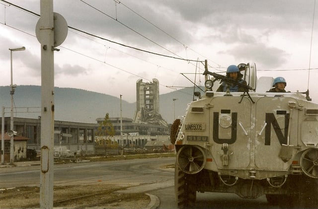 UN troops on their way up "Sniper Alley" in Sarajevo