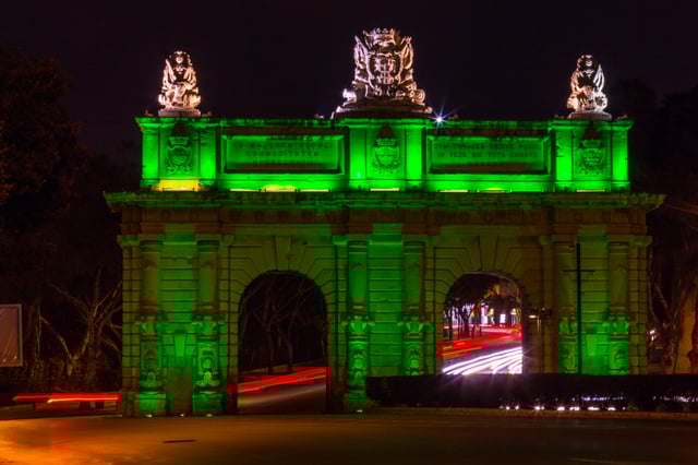 Porte des Bombes illuminated in green on Saint Patrick's Day of 2014