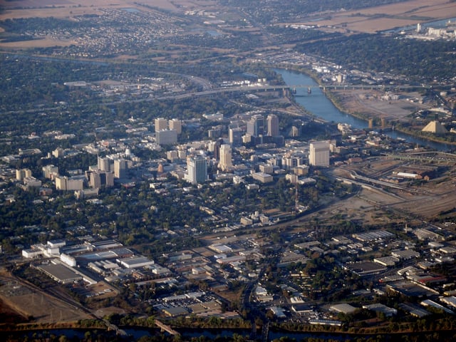 Aerial view of Central Sacramento and the Sacramento River.