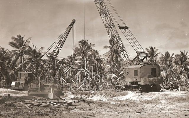 The 53rd CB erecting camera towers on Bikini Atoll for filming the tests. (Seabee Museum)