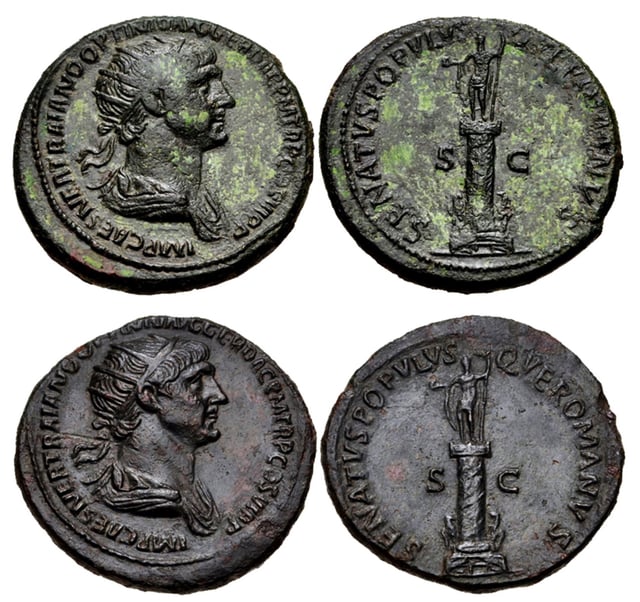 Two examples of Dupondius struck 114–116 AD, showing Trajan's column with the original statue on top and his portrait