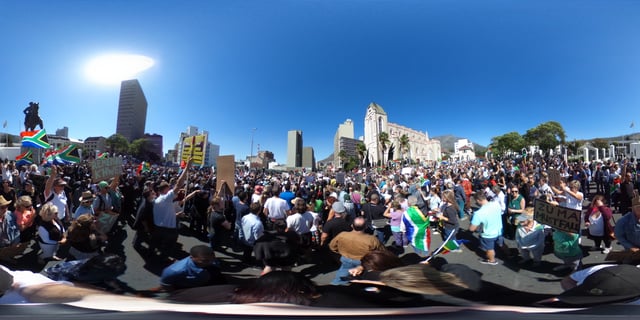 A 360 degree photograph of the Zuma Must Fall protests in front of the South African Parliament buildings in Cape Town.