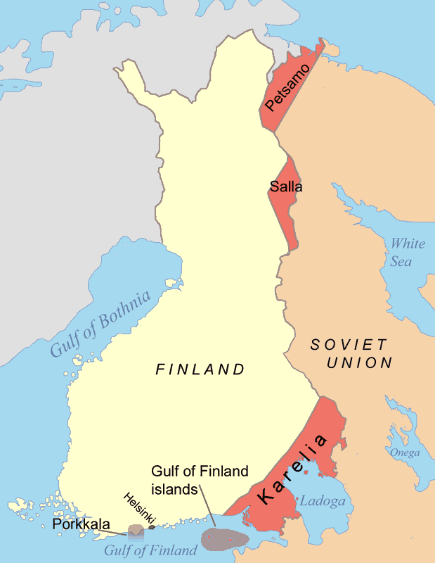 Areas ceded by Finland to the Soviet Union after World War II. The Porkkala land lease was returned to Finland in 1956