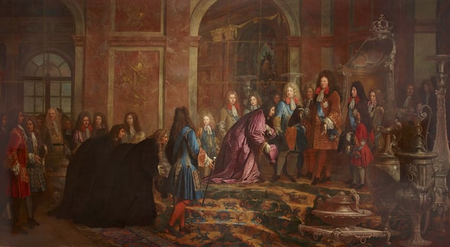 Louis receiving the Doge of Genoa at Versailles on 15 May 1685, following the Bombardment of Genoa. (Reparation faite à Louis XIV par le Doge de Gênes. 15 mai 1685 by Claude Guy Halle, Versailles.)