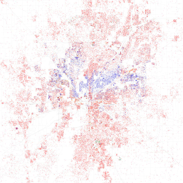 Map of racial distribution in Indianapolis, 2010 U.S. Census. Each dot is 25 people: White, Black, Asian, Hispanic or Other (yellow)
