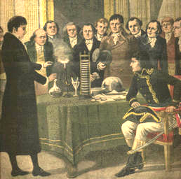 Italian physicist Alessandro Volta demonstrating his pile to French emperor Napoleon Bonaparte