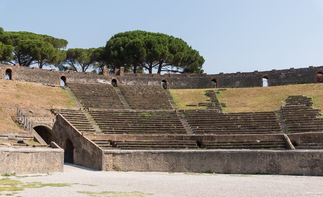 The Amphitheatre of Pompeii, built around 70 BC and buried by the eruption of Mount Vesuvius 79 AD, once hosted spectacles with gladiators.