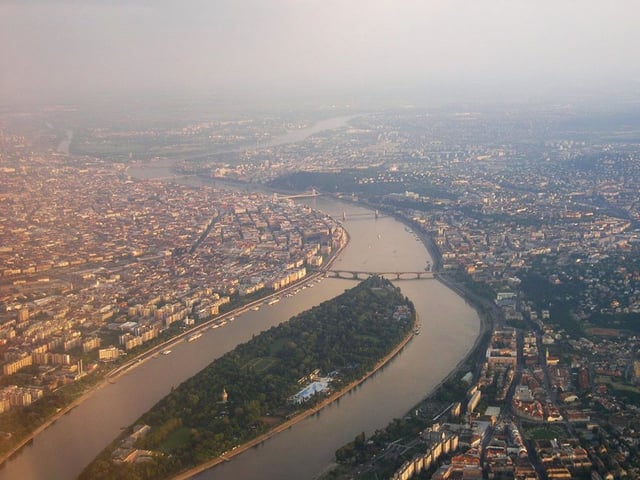Aerial view of Margaret Island, Budapest, Hungary. There are 15 bridges over the Danube in Budapest.