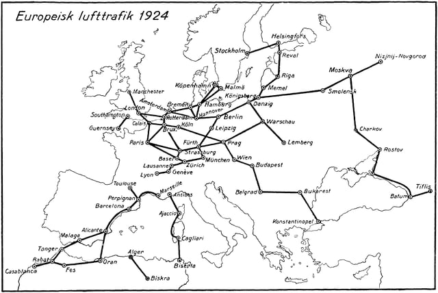 Map of European air traffic 1924 from the Nordisk familjebok