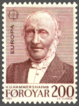A stamp commemorating V. U. Hammershaimb, a 19th-century Faroese linguist and theologian