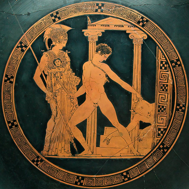 Tondo of the Aison Cup, showing the victory of Theseus over the Minotaur in the presence of Athena. Theseus was responsible, according to the myth, for the synoikismos ("dwelling together")—the political unification of Attica under Athens.