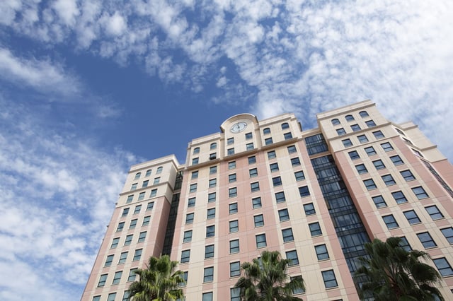 One of three Campus Village student residence buildings towers over the southeast corner of the SJSU main campus. A total of six residences halls provide on-campus housing for nearly 4,500 students.