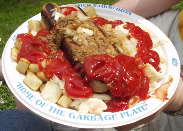 A white hot Garbage Plate from Nick Tahou Hots.