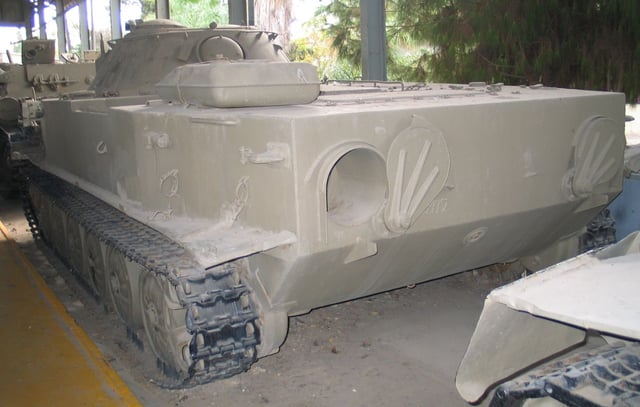 A PT-76 in Batey ha-Osef museum, Tel Aviv, Israel. In this view one water-jet outlet is open and the other is closed.