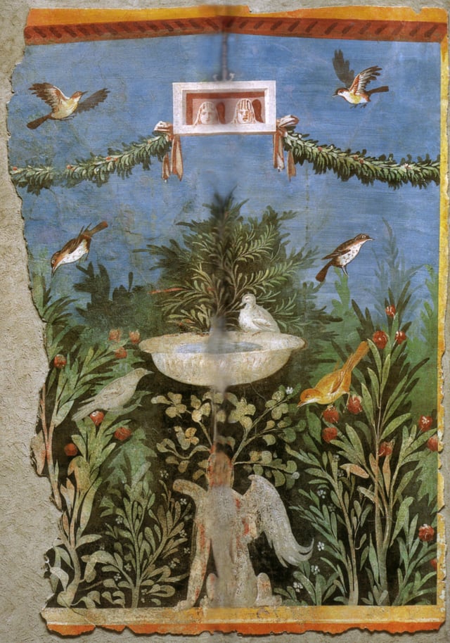 Birds and fountain within a garden setting, with oscilla (hanging masks) above, in a painting from Pompeii
