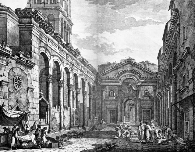 View of the Peristyle in 1764, engraving by Robert Adam. The Peristyle is the central square of the palace, where the main entrance to Diocletian's quarters (pictured) is located.