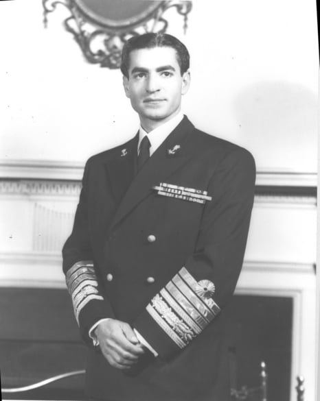 Formal portrait of the young Shah in full military dress, c. 1949