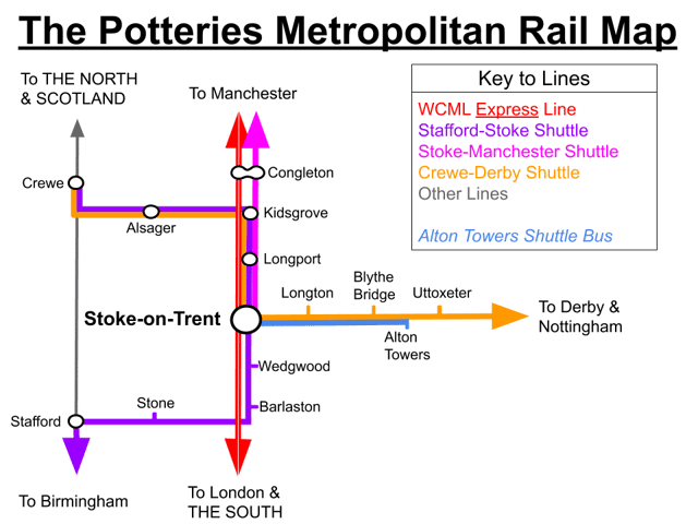 A diagram of local rail services in Stoke-on-Trent.