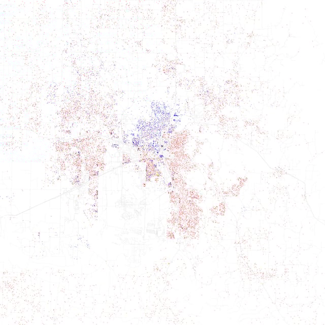 Map of racial distribution in Huntsville, 2010 U.S. Census. Each dot is 25 people: White, Black, Asian, Hispanic or Other (yellow)