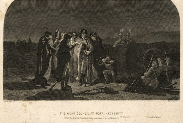An engraving depicting the evening council of George Washington at Fort Necessity.