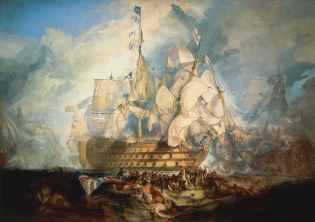 The Battle of Trafalgar by J. M. W. Turner (oil on canvas, 1822–1824) combines events from several moments during the Napoleonic Wars' Battle of Trafalgar—a major British naval victory upon which Britishness has drawn influence.